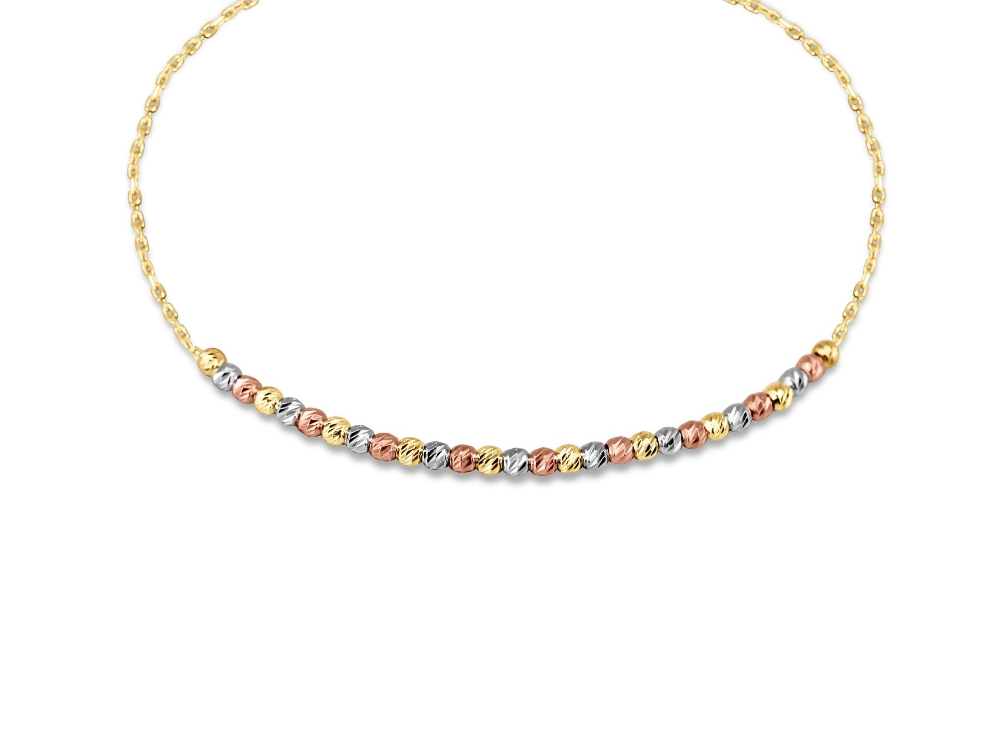 Antares Gold Goldarmband Tricolor Kugelarmband 14K Gold – 18+2 cm, 2 mm, Silber/Rosé/Gold, hochglanzpoliert, eleganter Karabinerverschluss, edle Geschenkbox