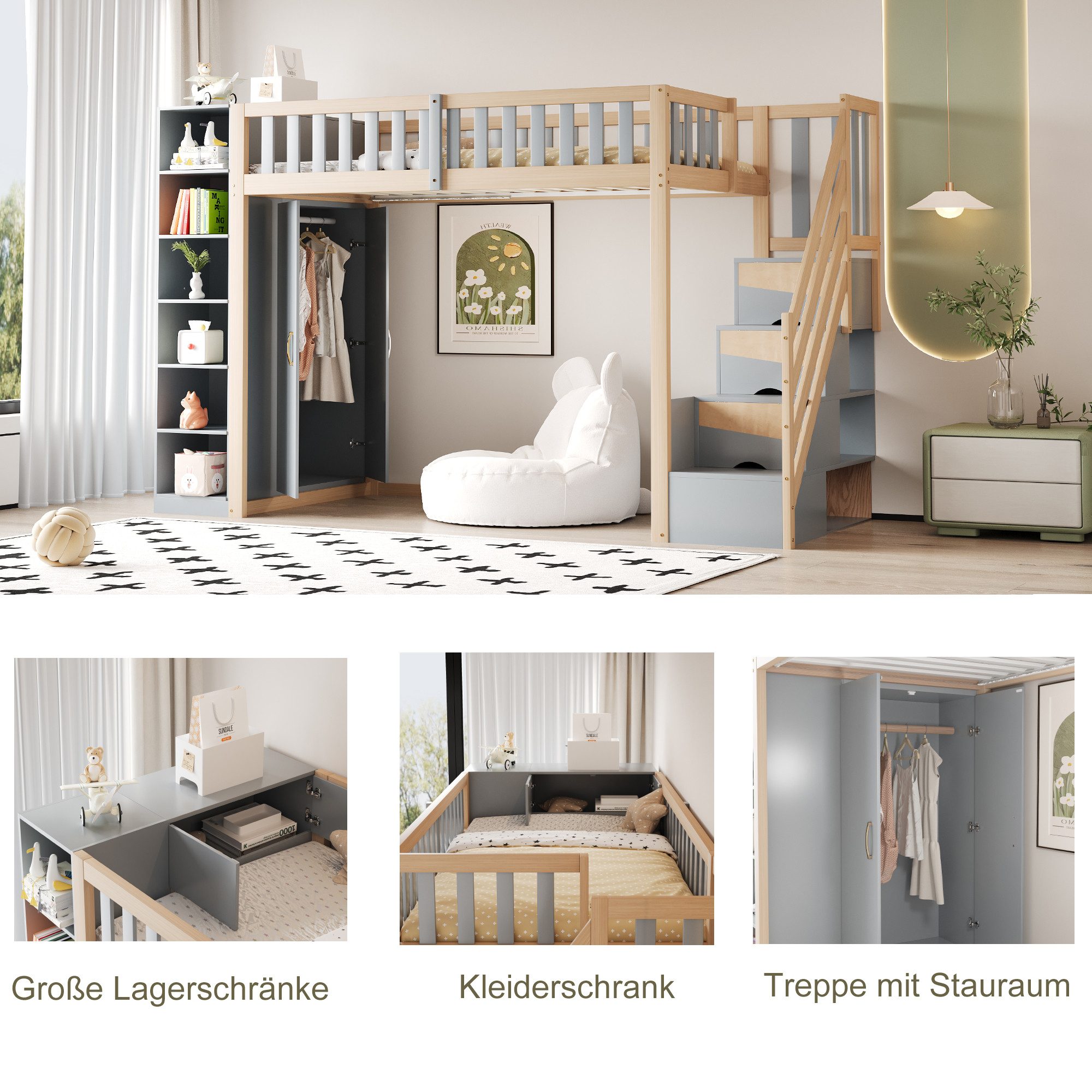 Odikalo Kinderbett Hochbett Jugendbett 90x200 mit Stauraum (Multifunktionales Hochbett 90x200cm mit Regalen, Stauschrank und großem Kleiderschrank, Sicherheitsleiter mit Ablagefächern, Grau + Rohholzfarben)
