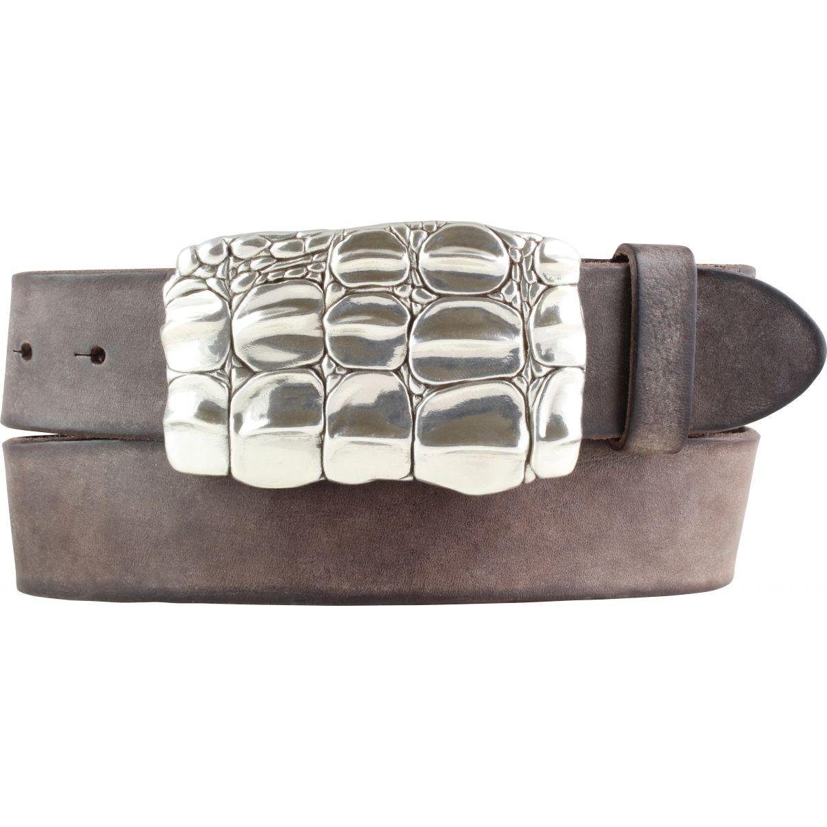 BELTINGER Ledergürtel Gürtel mit besonderer Gürtelschnalle aus weichem Vollrindleder 4 cm Us Braun, Silber