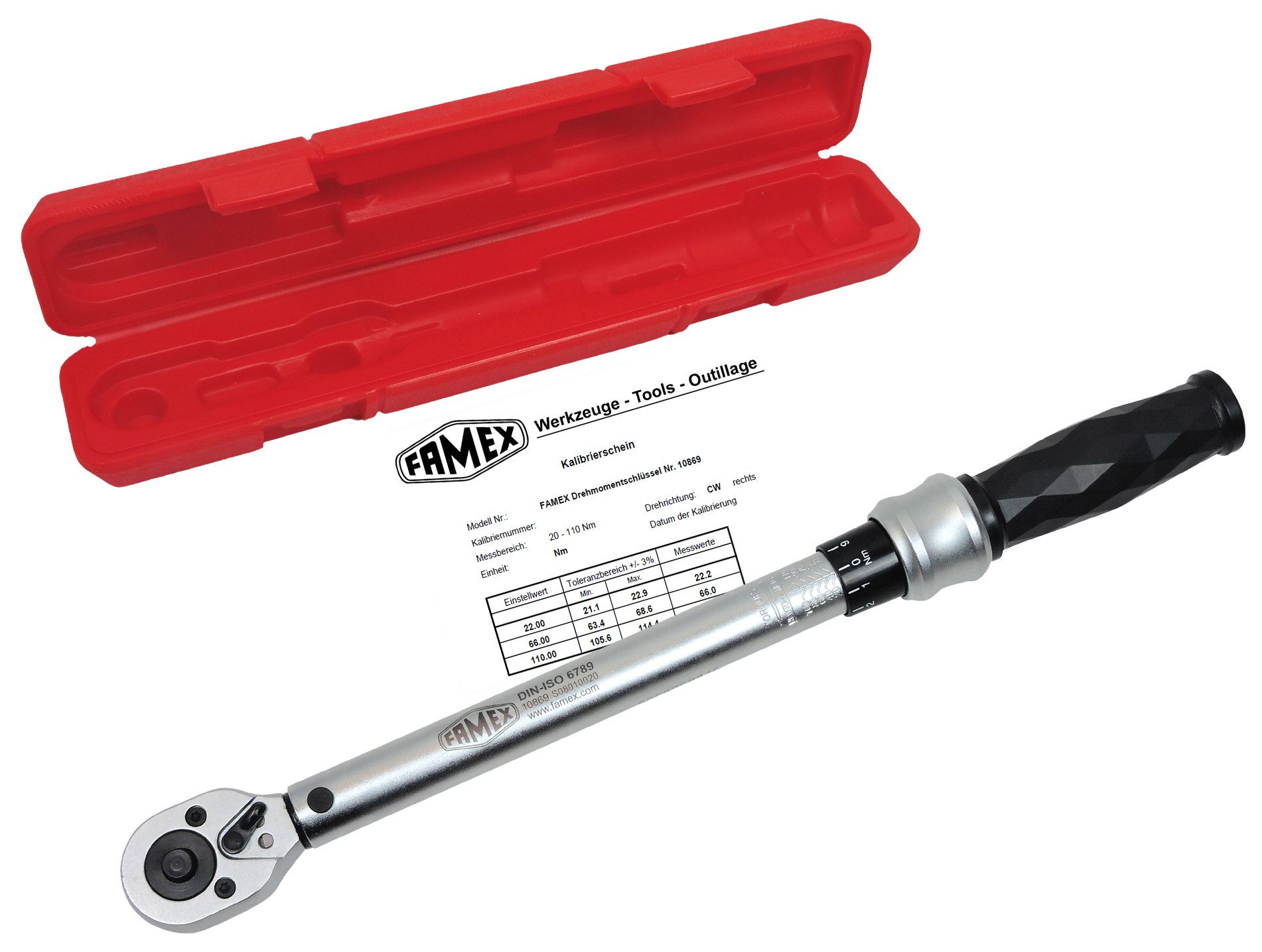 FAMEX Drehmomentschlüssel 10869 - PROFESSIONAL - R+L, 10 mm (3/8-Zoll)-Antrieb, 20-110 Nm, Messung in beide Drehrichtungen