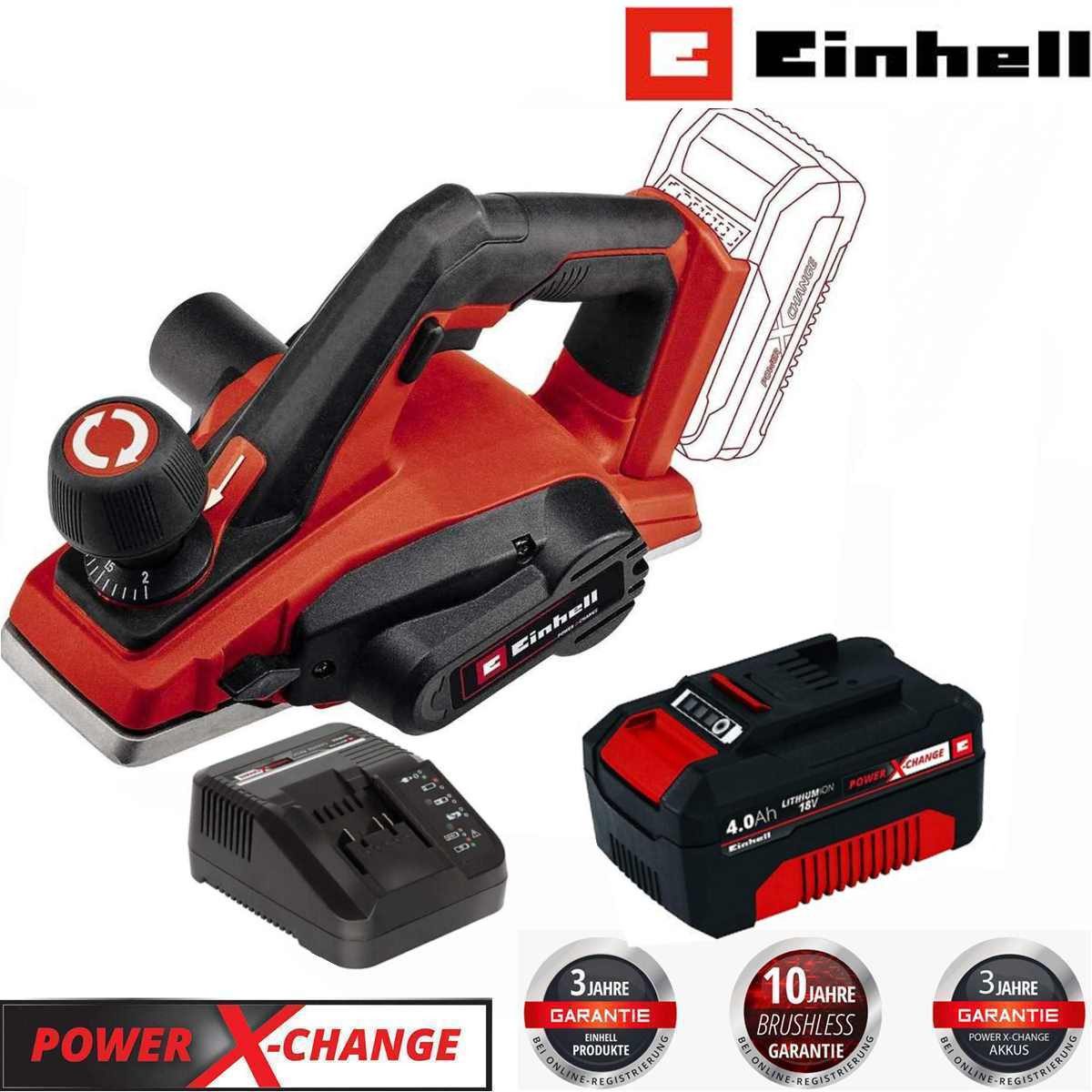 Einhell Akku-Elektrohobel 18V Akku-Hobel TE-PL 18/82 Li-mit Akku 4-0 Ah, Ladegerät