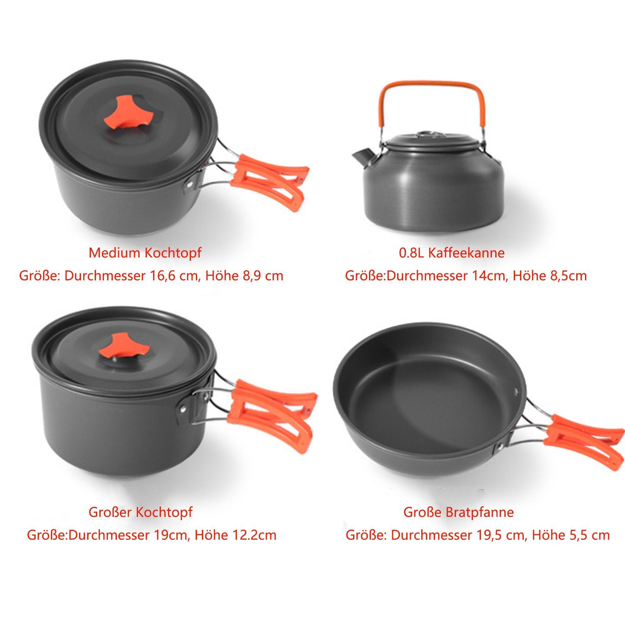 GLIESE Topf-Set Tragbares Camping-Kochgeschirr-Set, Aluminium (Set, 13-tlg., Topf/Kaffeekanne/Bratpfann/Esslöffel/Reisöffel/Plastikschüsseln), für Wanderungen, Camping oder Picknicks.
