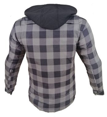 Alpha Speeds Motorradjacke Flanell-Holzfäller Motorrad KEV ARAMID Lumber Biker Hemd PRO Grau Wasserdicht & Winddicht & Atmungsaktiv, mit abnehmbare Kapuze & Innenjacke, All Season, wasserichte Reißverschlüsse, mit Protektoren