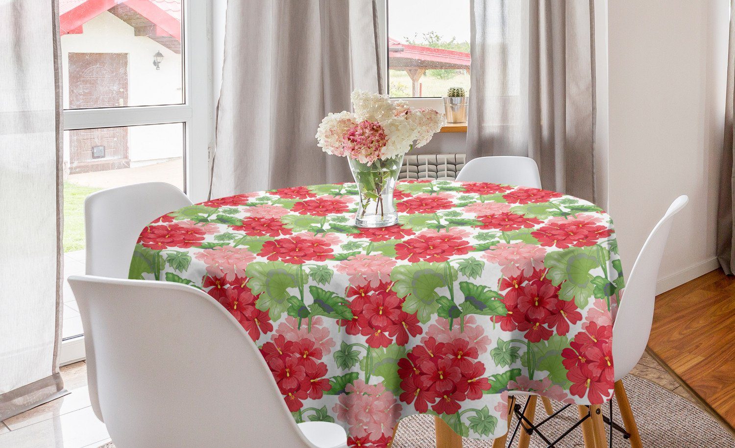Abakuhaus Tischdecke Kreis Tischdecke Abdeckung für Esszimmer Küche Dekoration, Pelargonien Blumen auf Plain Zurück