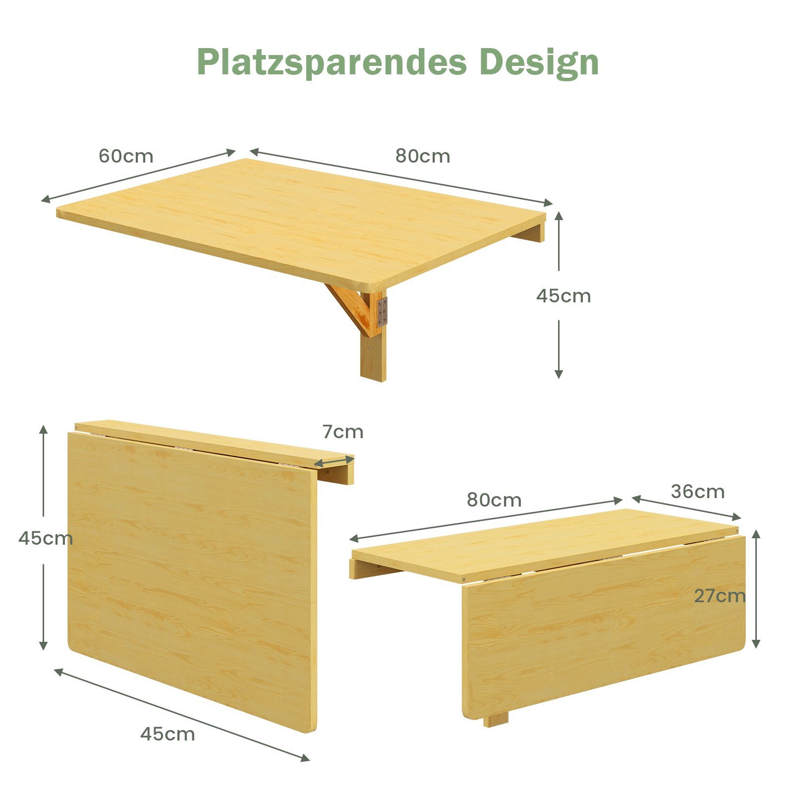 COSTWAY Klapptisch 60 klappbar Natur x 80 Wandmontage, cm, Wandtisch