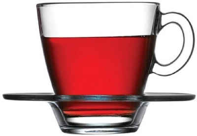 Pasabahce Teeglas 12 tlg Teeglas mit Unterteller Capuccino Glas Kaffe Latte Trinkglas Gläserset Cay Bardagi Cay Seti, 6x Teeglas, 6x Untertasse