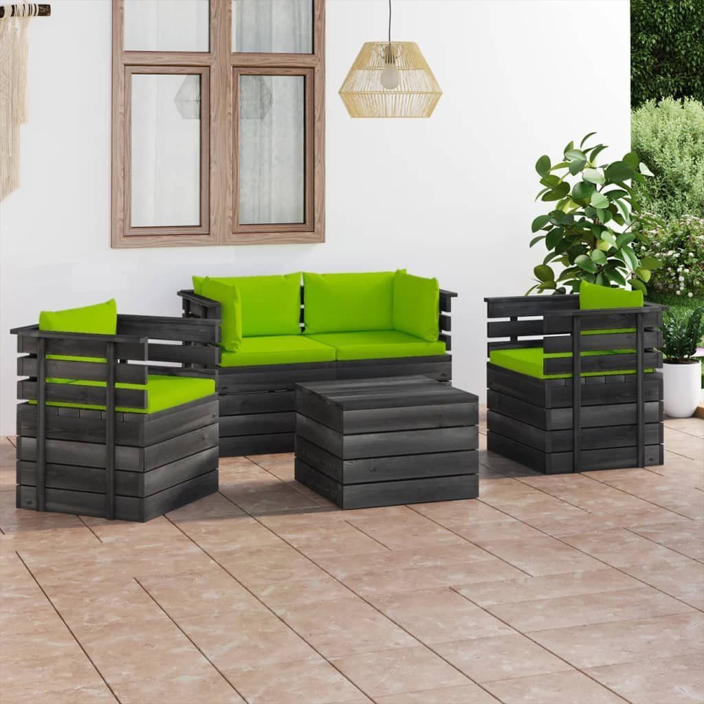 vidaXL Gartenlounge-Set 5-tlg. Garten-Sofagarnitur mit Paletten aus Hellgrün Kissen Kiefernholz, (5-tlg)