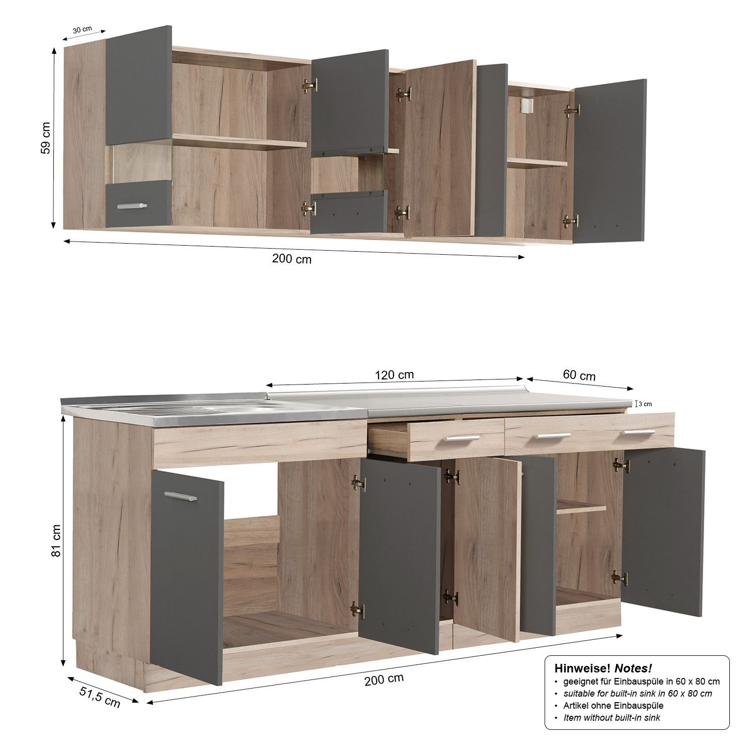 Homestyle4u kitchen unit 200 cm without appliances, matt grey oak, single kitchen, glass kitchen cabinets (wall cabinets, base cabinets, 2 worktops, fitted kitchen), kitchen block, grey and brown, fitted kitchen
