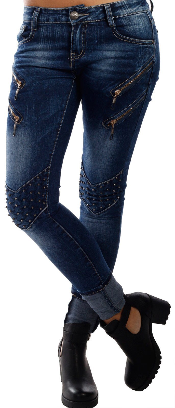 Charis Moda Röhrenjeans Bootcut Jeans im 5 -​Pocket - Style mit Nieten und Zierzippern