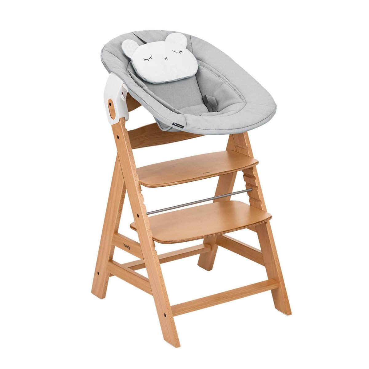 Hauck Tischsitz Alpha Plus Nature Grey Newborn Set - Pastell Bear, Holz Babystuhl ab Geburt mit Aufsatz für Neugeborene höhenverstellbar