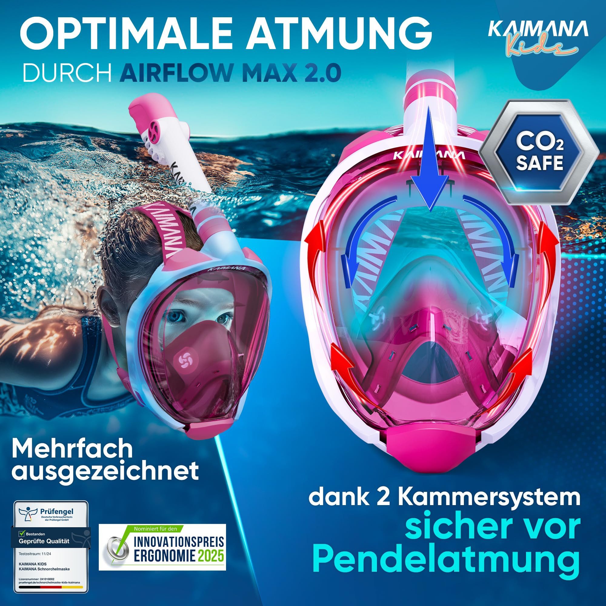 KAIMANA Tauchermaske - Die Preisgekrönte Schnorchelmaske Kinder inkl. Tragetasche, (Taucherbrille Kinder 4 Jahre - Kinder Schnorchelmaske), absolut CO₂ sichere Tauchmaske Kinder - Tauchermaske Kinder