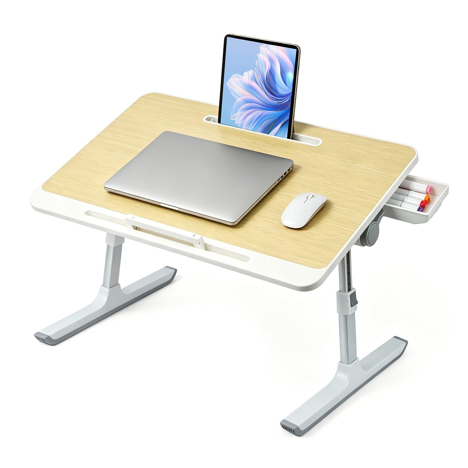 OSTWOLKE Laptoptisch Betttisch Klappbar mit Schublade höhenverstellbar Tisch 60x40cm, Laptoptisch mit Laptop-Stopper, für Sofa, Couch, Bett oder Tisch
