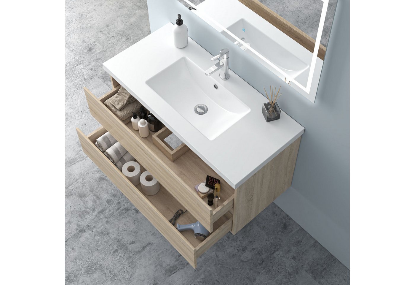 Thumbnail - Aica Sanitär Waschtisch Waschtische Unterschrank MDF hängend mit Wachbecken Badmöbel Set 100CM