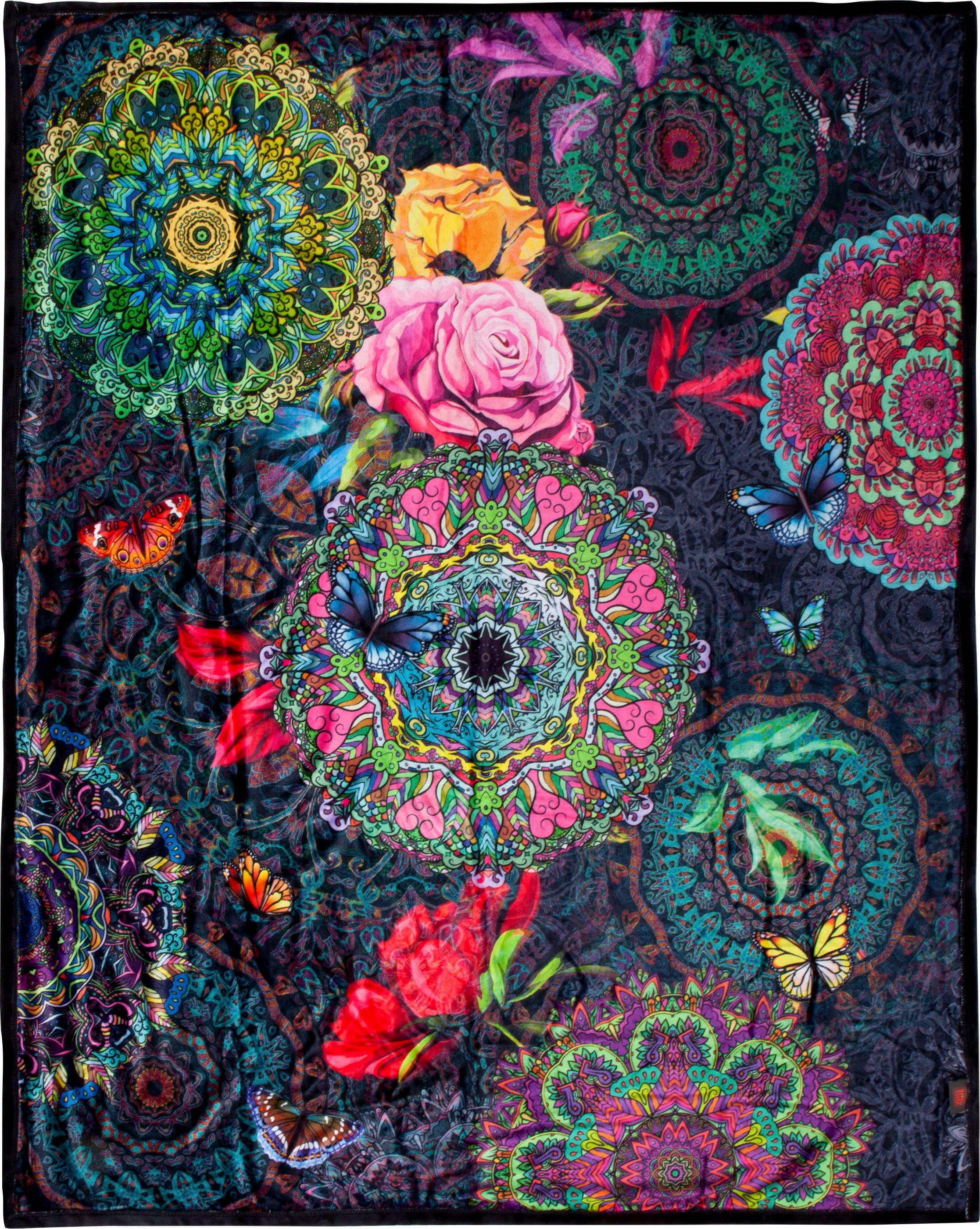 Plaid Abbra, hip, mit Mandala und Blumen, Kuscheldecke