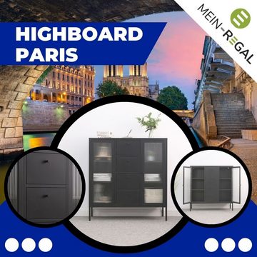 Mein-Regal Highboard, Highboard Paris Schwarz Metall 2 Glastüren, 4 Schubladen Einlegeböden