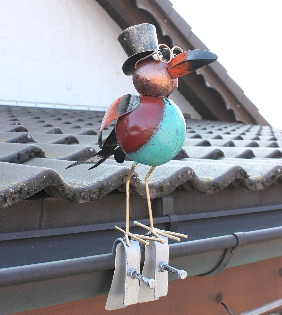 DanDiBo Gartenfigur Rabe Figur Deko für die Dachrinne 30 cm Bunt Vogel Metall, Dachschmuck Dachrinnenfigur Gartendeko Modern