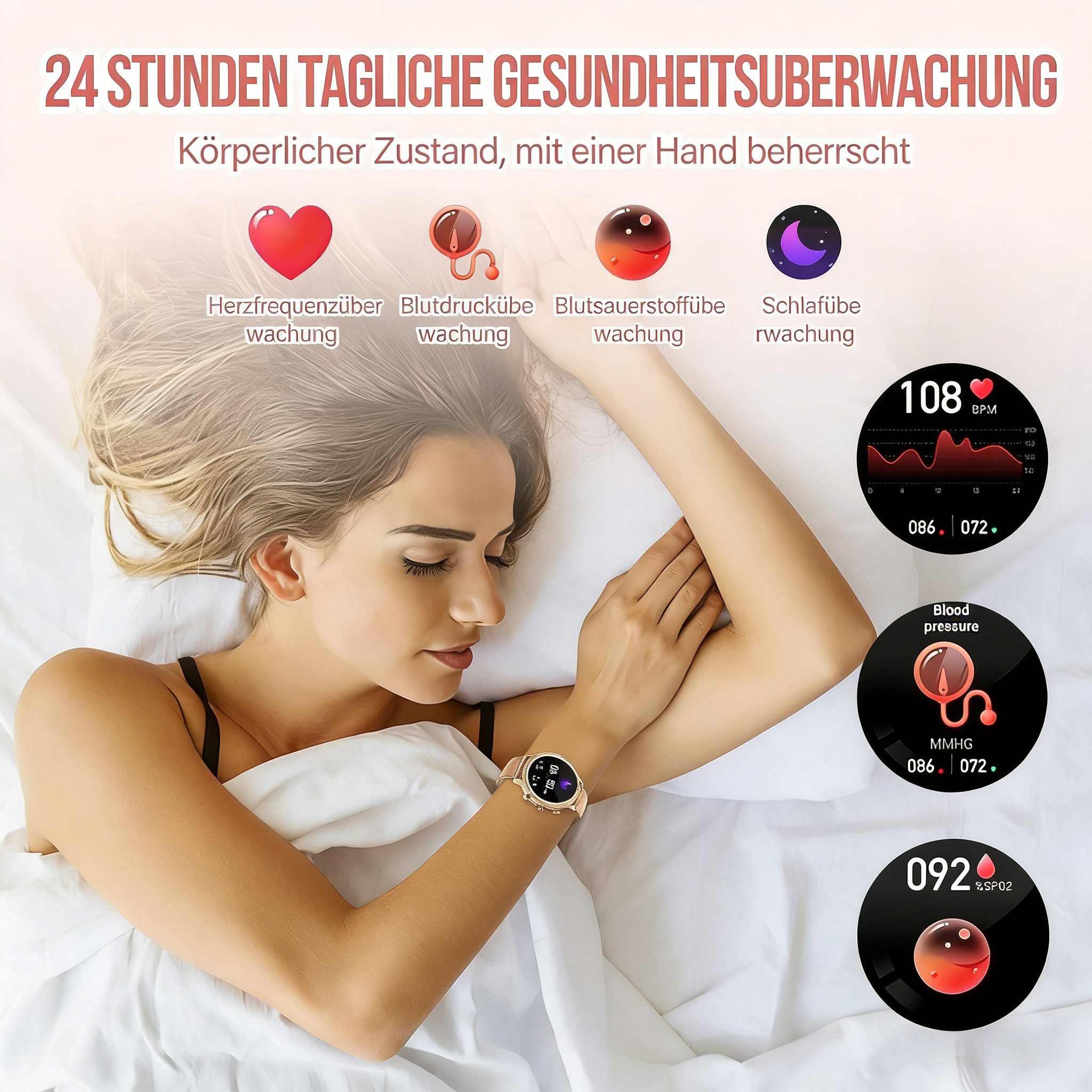 AIBISTAR Smartwatch Damen mit Telefonfunktion,  HD Voll Touchscreen Wasserdicht Smartwatch, Diamantzifferblatt, austauschbare Armbänder, 1.32 Zoll Schlafmonitor Blutdruckmessung Schrittzähler für Android/iOS