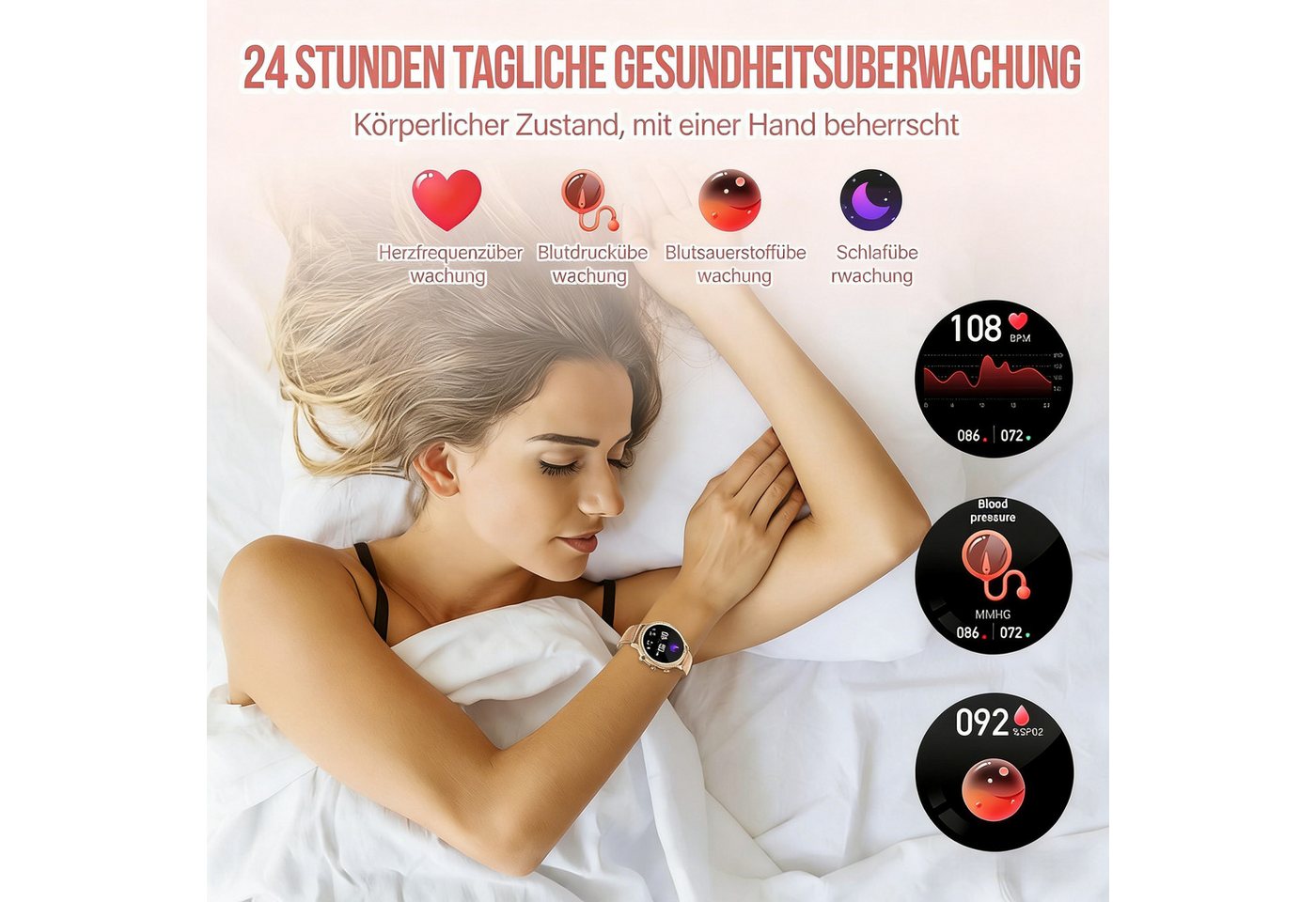 AIBISTAR Smartwatch Damen mit Telefonfunktion, HD Voll Touchscreen Wasserdicht Smartwatch, Diamantzifferblatt, austauschbare Armbänder, 1.32 Zoll Schlafmonitor Blutdruckmessung Schrittzähler für Android/iOS goldfarben