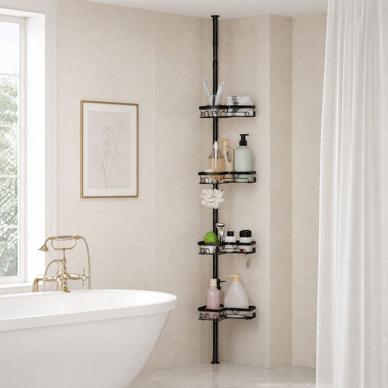 JEOBEST Duschregal Teleskop Duschregal, Duschregal Ecke, Eckregal Badewanne, 304 Edelstahl, Duschablage Ohne Bohren Ecke,Längenverstellbar 65-305cm – Bild 2 von 5