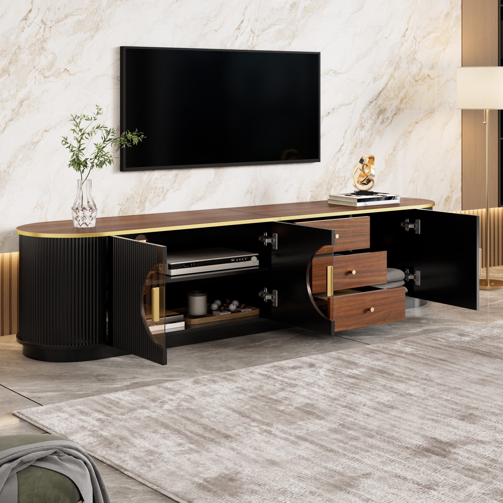 STILVORA Lowboard TV-Schrank mit Schubladen TV Element in vertikale Rillenoptik (3 Türen, 3 Schubladen, Glasdetails, Aluminiumgriffe, Lowboard, MDF-Rahmen, braunes Glas, abgerundet, kratzfest, stabil), für Wohnzimmer, TV-Bereich und gehobene Wohnräume