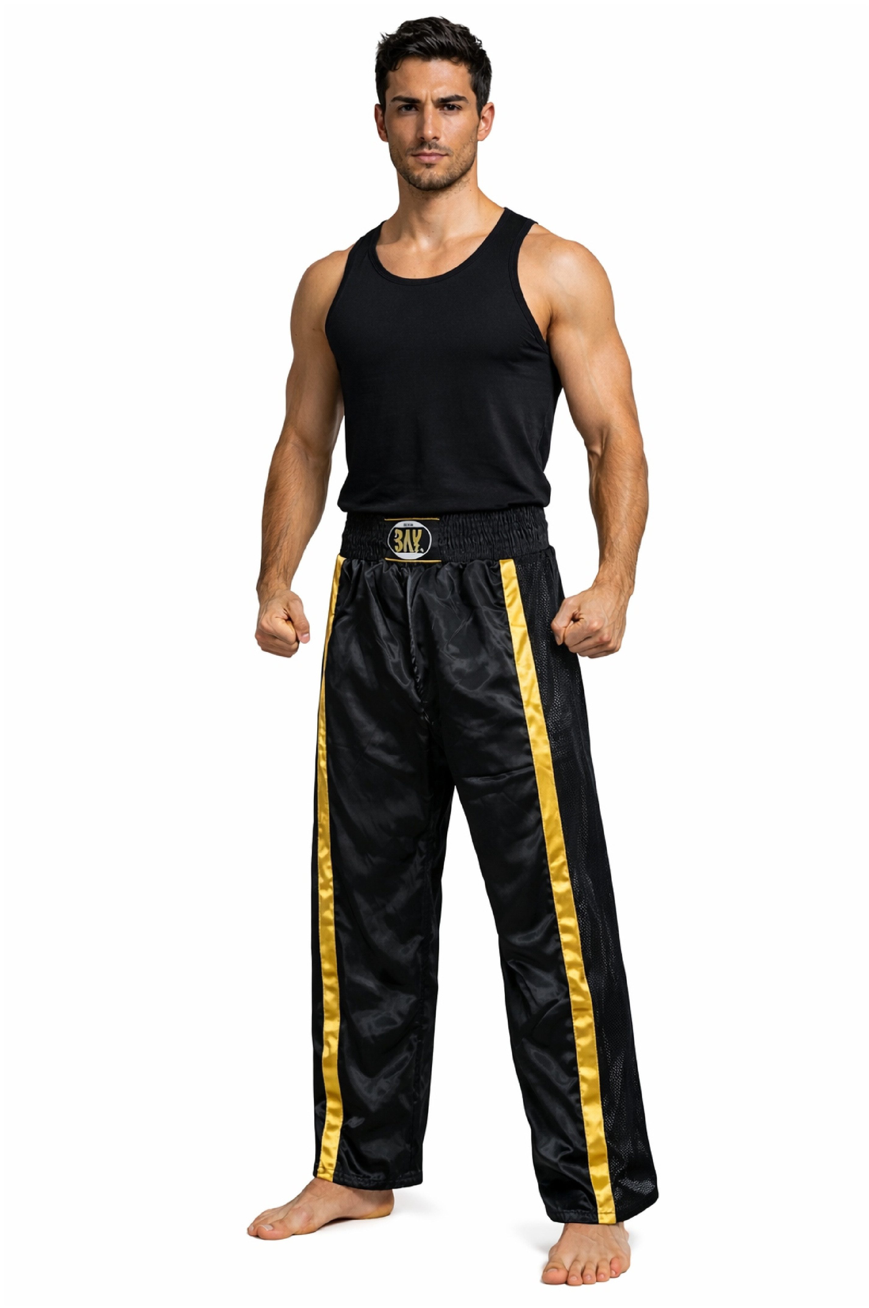 BAY-Sports Sporthose Kickboxhose NETZ-MESH Mesh Netzeinsatz Hose lang Kickboxen Kampfsport lange, leichte, locker sitzende Trainingshose, Schwarz/Gold