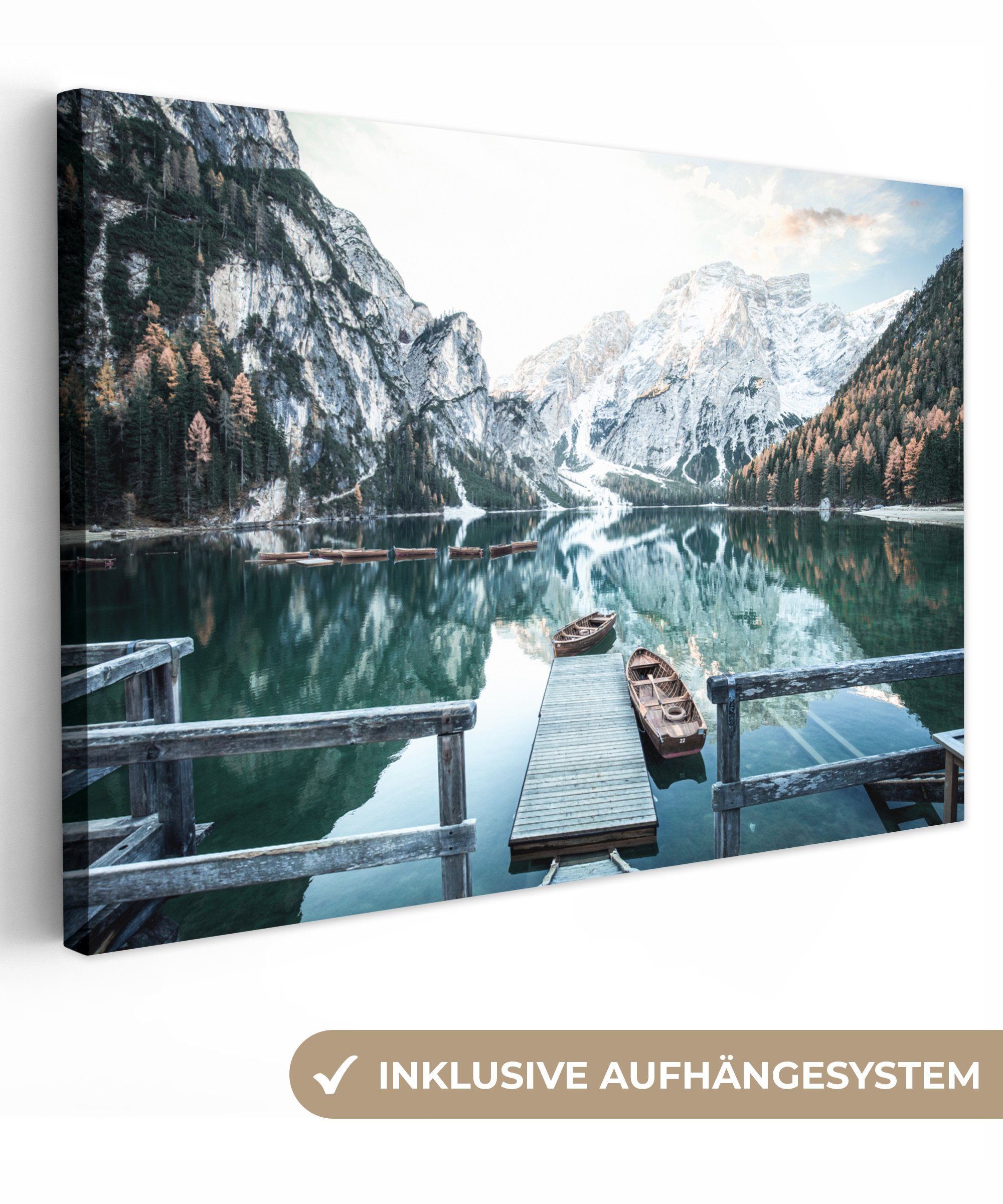 OneMillionCanvasses® Leinwandbild Natur - Berge - Schnee - Wald - Boot, (1 St), Wandbild für alle Wohnbereiche, Gemälde, XXL, großes, 120x80 cm