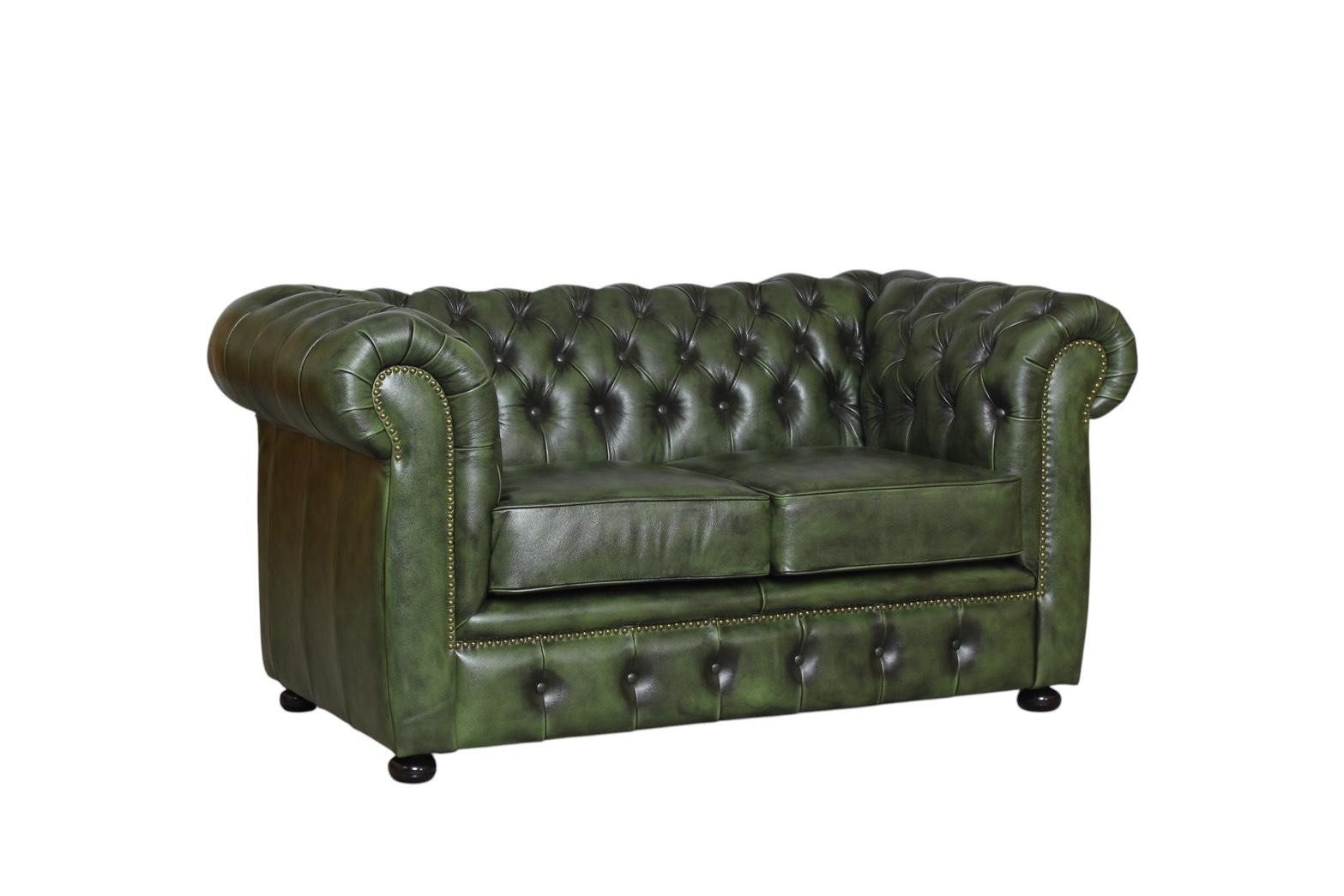 Salottini Chesterfield-Sofa Edles Sofa Chesterfield 2-Sitzer Couch Avon Ledersofa Salottini grün, 1 Teile, Handarbeit