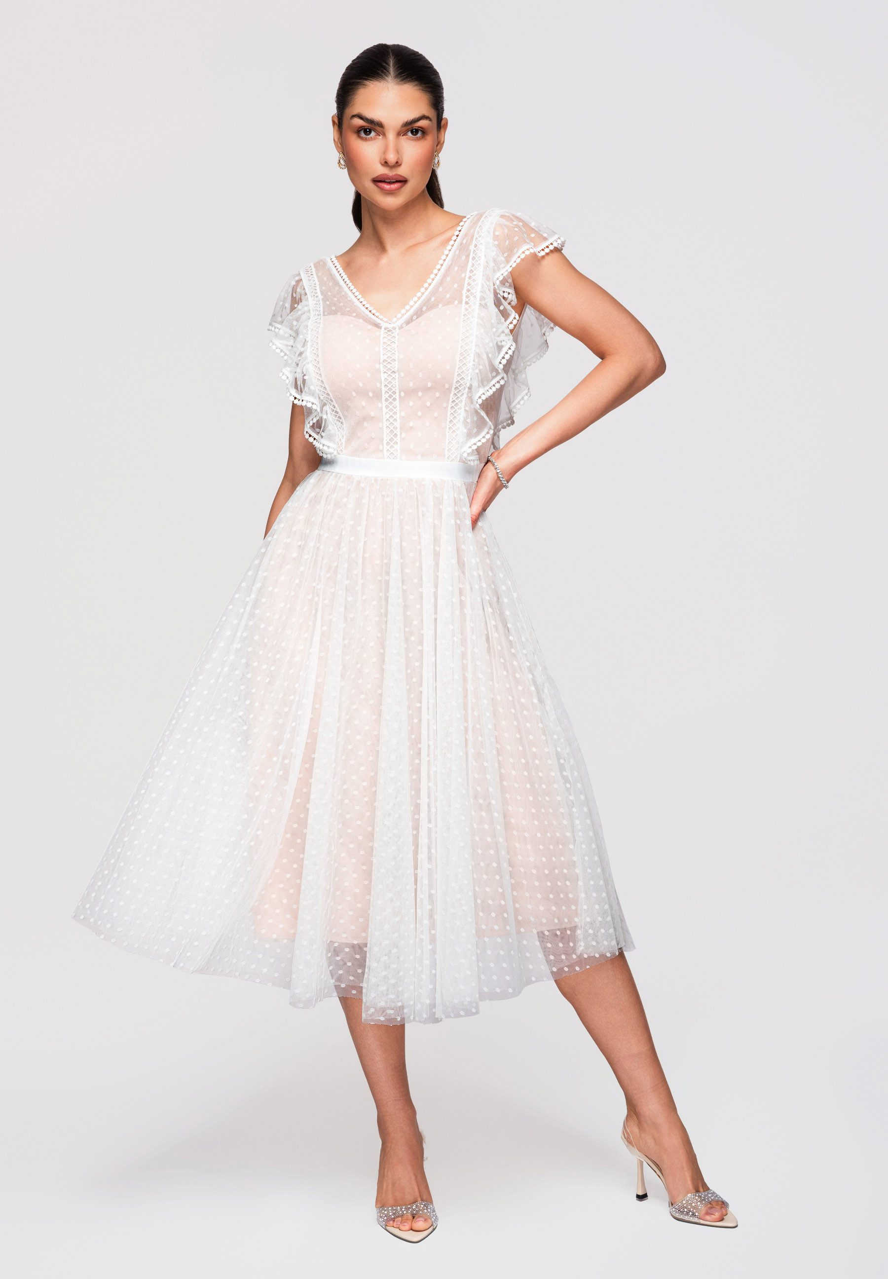 OMBRE Abendkleid Damen Midikleid Ausgestellt V-Ausschnitt Weiß L (kein Set, 1-tlg) Spitze, Punktemuster, Mesh