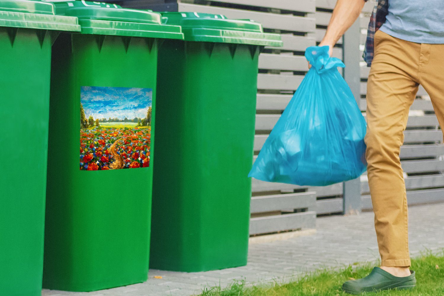 MuchoWow Wandsticker Malerei Sticker, (1 St), Ölfarbe Mülltonne, Blumen - Abfalbehälter Container, - Natur - Mülleimer-aufkleber