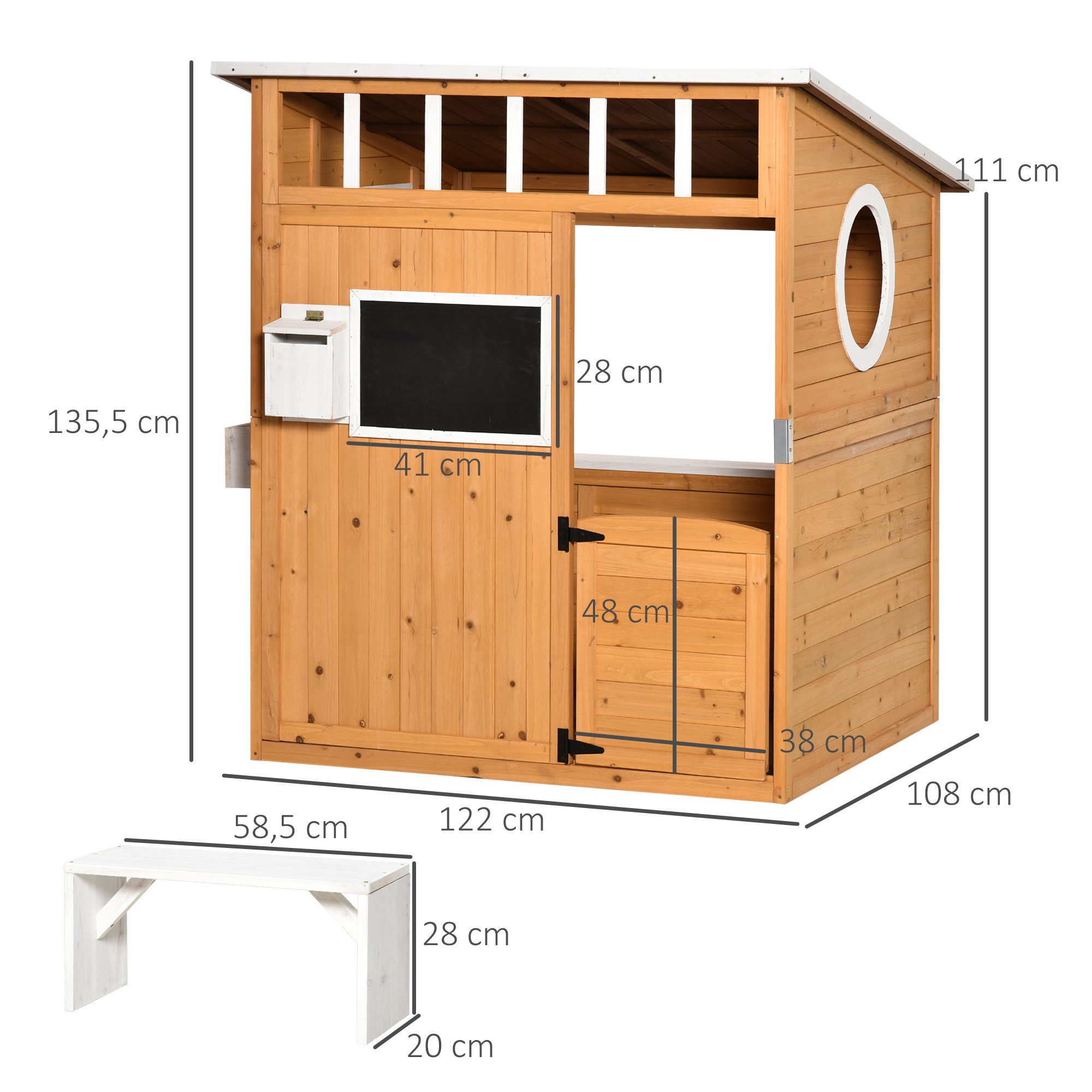 Outsunny Spielhaus für Kinder Holz mit Fenster Briefkasten Blumentopfrack, für 3-8 Jahre Tannenholz Gelb 122 x 108 x 135,5 cm