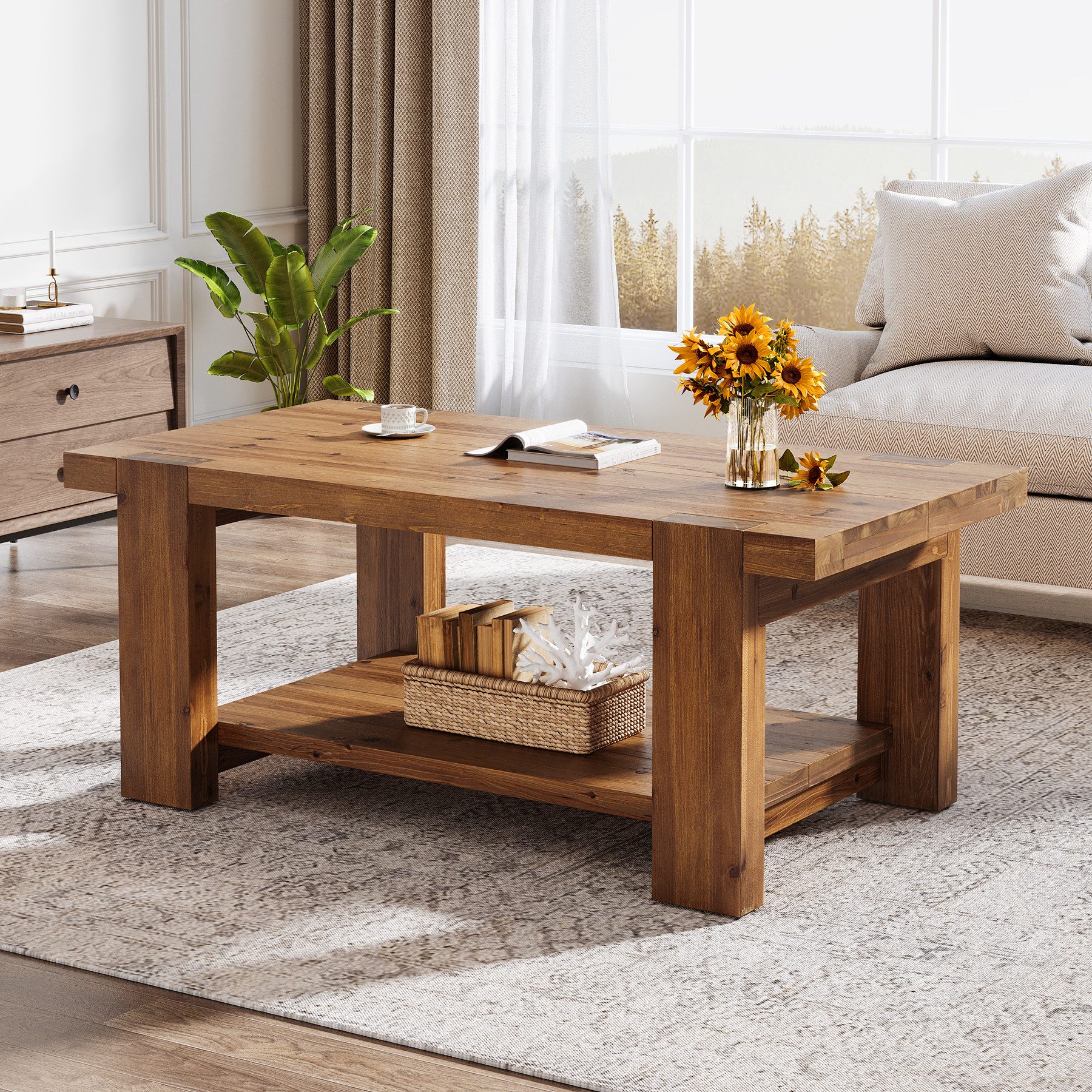 Tribesigns Couchtisch Massivholz Couchtisch 120 cm, 2-stufiger Landhaus-Rechtecktisch