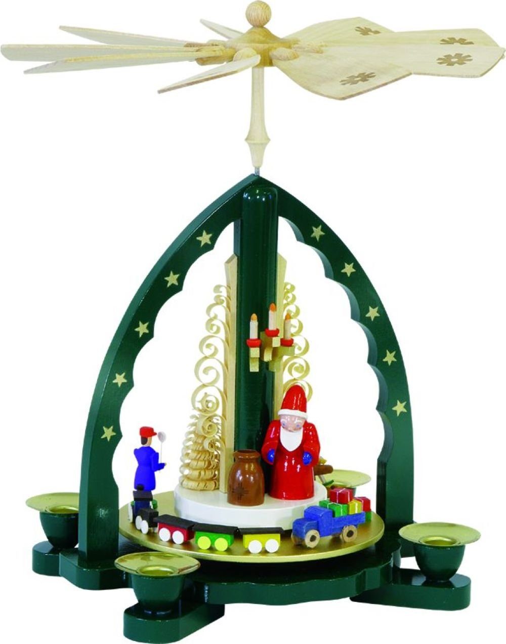 Richard Glaesser Weihnachtspyramide Pyramide Bescherung grün, Höhe 27 cm, Handwerkskunst original Erzgebirge