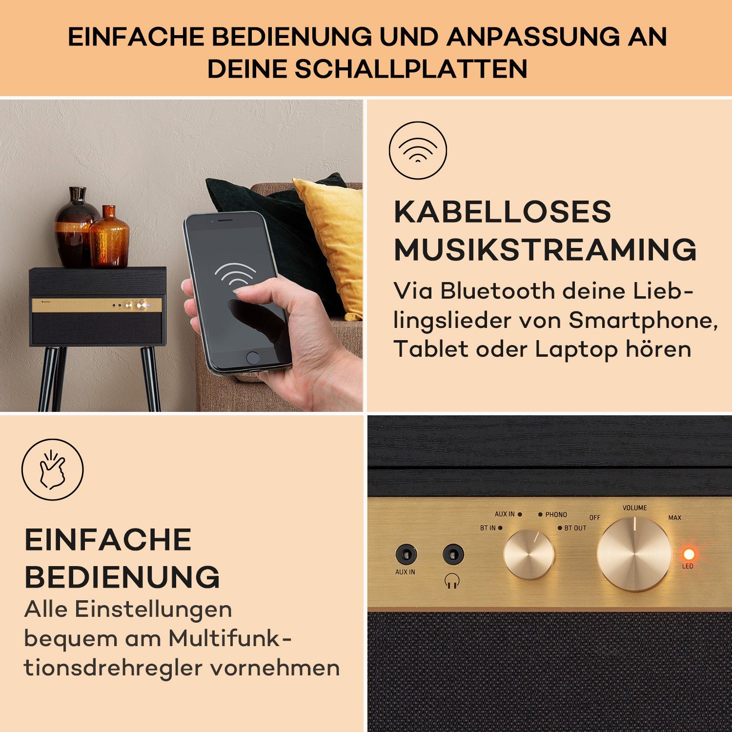 Auna Berklee TT Case Plattenspieler (Riemenantrieb, Bluetooth, Bluetooth lautsprecher Kopfhöreranschluss AUX IN Schwarz) – Bild 4 von 5