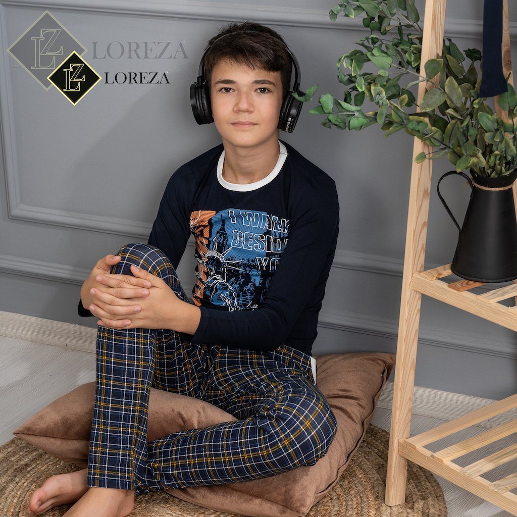 LOREZA Pyjama Jungen zweiteiliger 2 - York Langarm Baumwolle tlg) Schlafanzug (Set, New