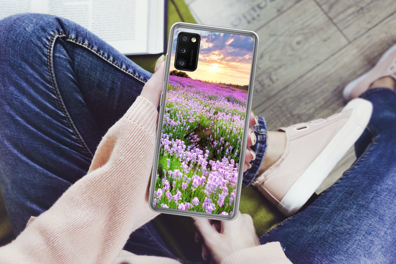 MuchoWow Handyhülle für Samsung Galaxy A41 Blumen - Lavendel - Lila - Himmel - Sonnenunter, Smartphone-Bumper, Print, Handy Schutzhülle Dünn