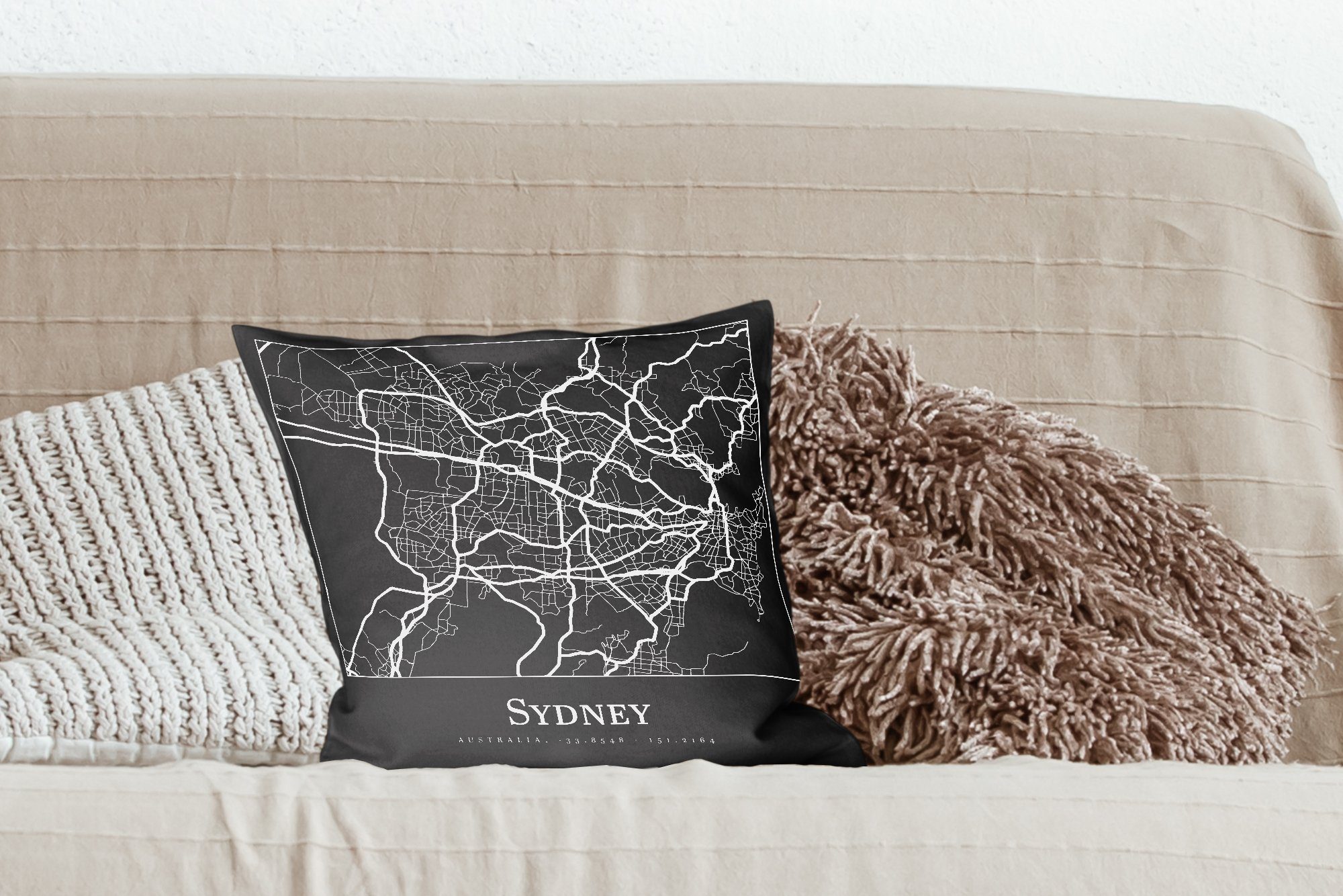 Stadtplan, mit Schlafzimmer, MuchoWow - - Deko, Sofakissen für Füllung Wohzimmer, Zierkissen Sydney Dekokissen Karte