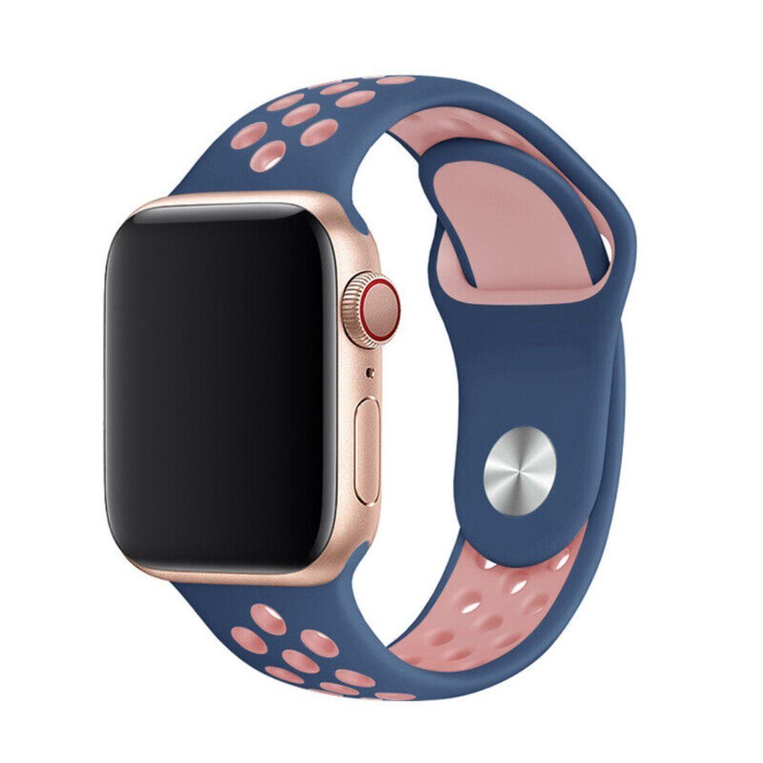 SmartUP Uhrenarmband Sport Silikon Armband für Apple Watch 1/2/3/4/5/6/7/8 SE Ultra, Sportband 38/40/41mm 42/44/45/49mm, Silikon Ersatz Armband #9 Blau-Rosa