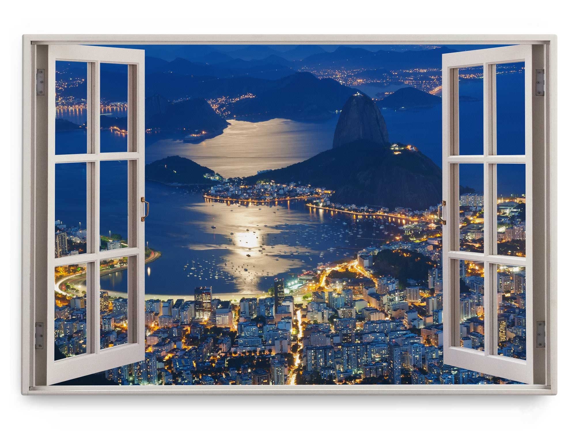 Sinus Art Leinwandbild Wandbild 120x80cm Fensterbild Brasilien Rio de Janeiro Bucht Meer Nach, (1 St)