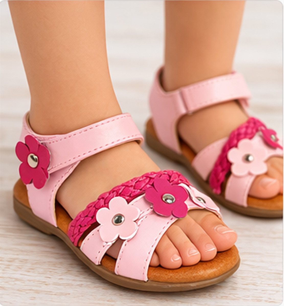 Kaiser24 Mädchen Sandalen Rosa mit Blumen – Leder Sommerschuhe Klettverschluss Sandale