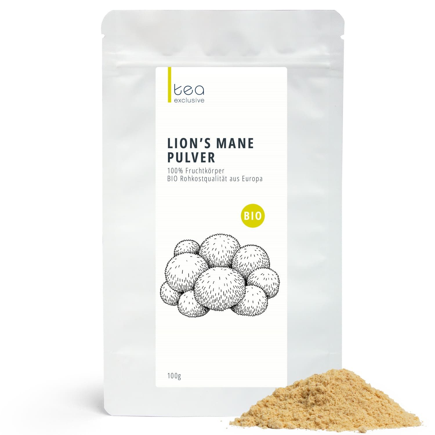 tea exclusive Gewürz Lions Mane Pilz Pulver BIO, 100g, herzhafte pilztypische Note