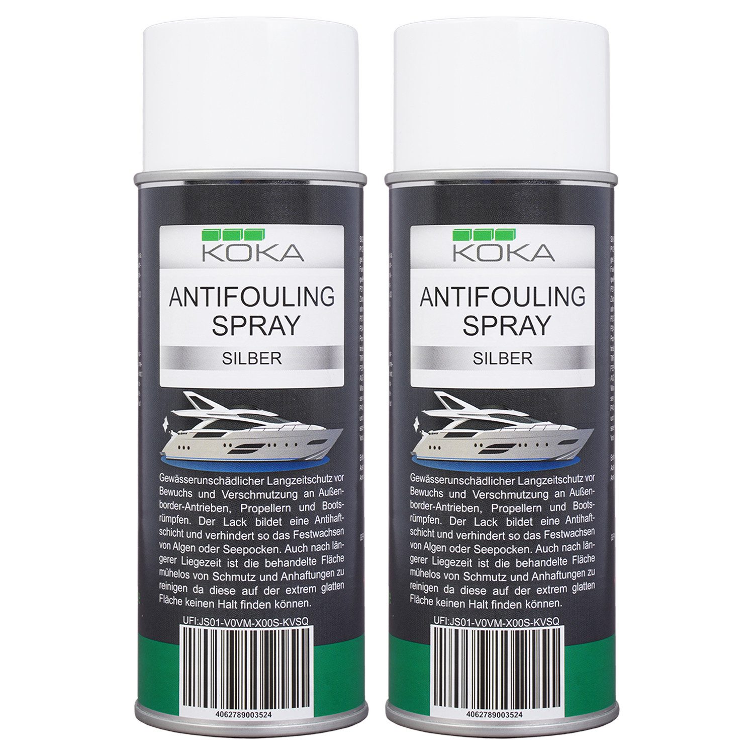 KOKA 2x Antifouling Spray Silber Bewuchs-Schutz Boot Lackschutz (Dosen, 2 St., 2x 400ml Dose), Langzeitschutz Antihaft-Schicht für Bootsrumpf Rumpf Antrieb Propeller