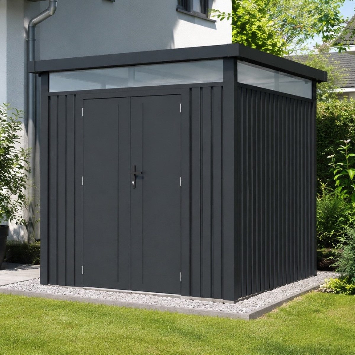 Plats Outdoor solution Gartenhaus Metall-Gerätehaus TOM 230×230×222 cm Dunkelgrau Doppeltür, 3-seitiges Lichtband, öffenbares Seitenfenster, Doppeltür