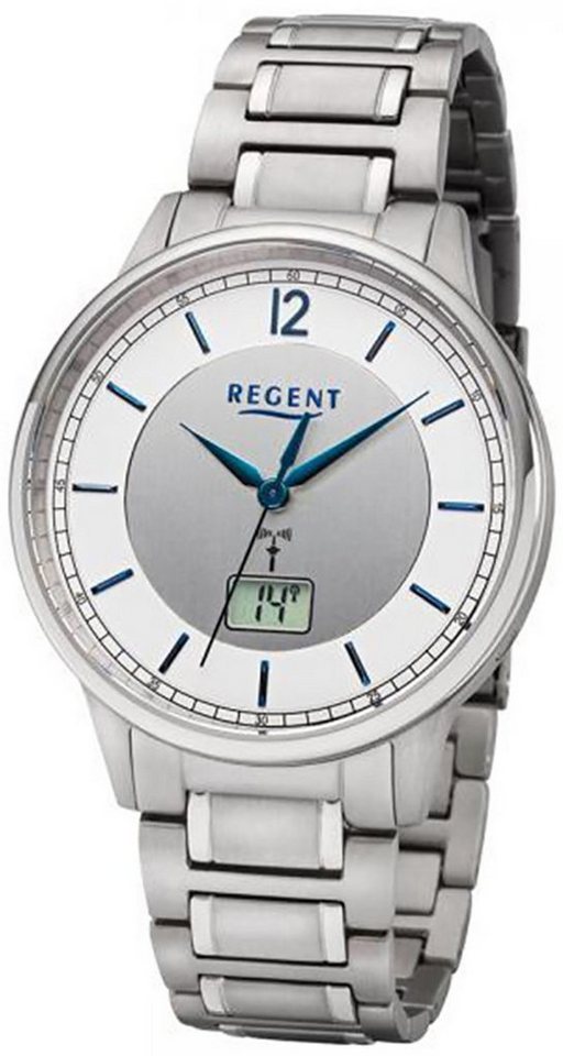 Regent Funkuhr Regent Herren Uhr FR-250 Titan Funkwerk, Herren Funkuhr  rund, groß (ca. 41mm), Titanarmband, mit digitalem Datum und Sekundenanzeige