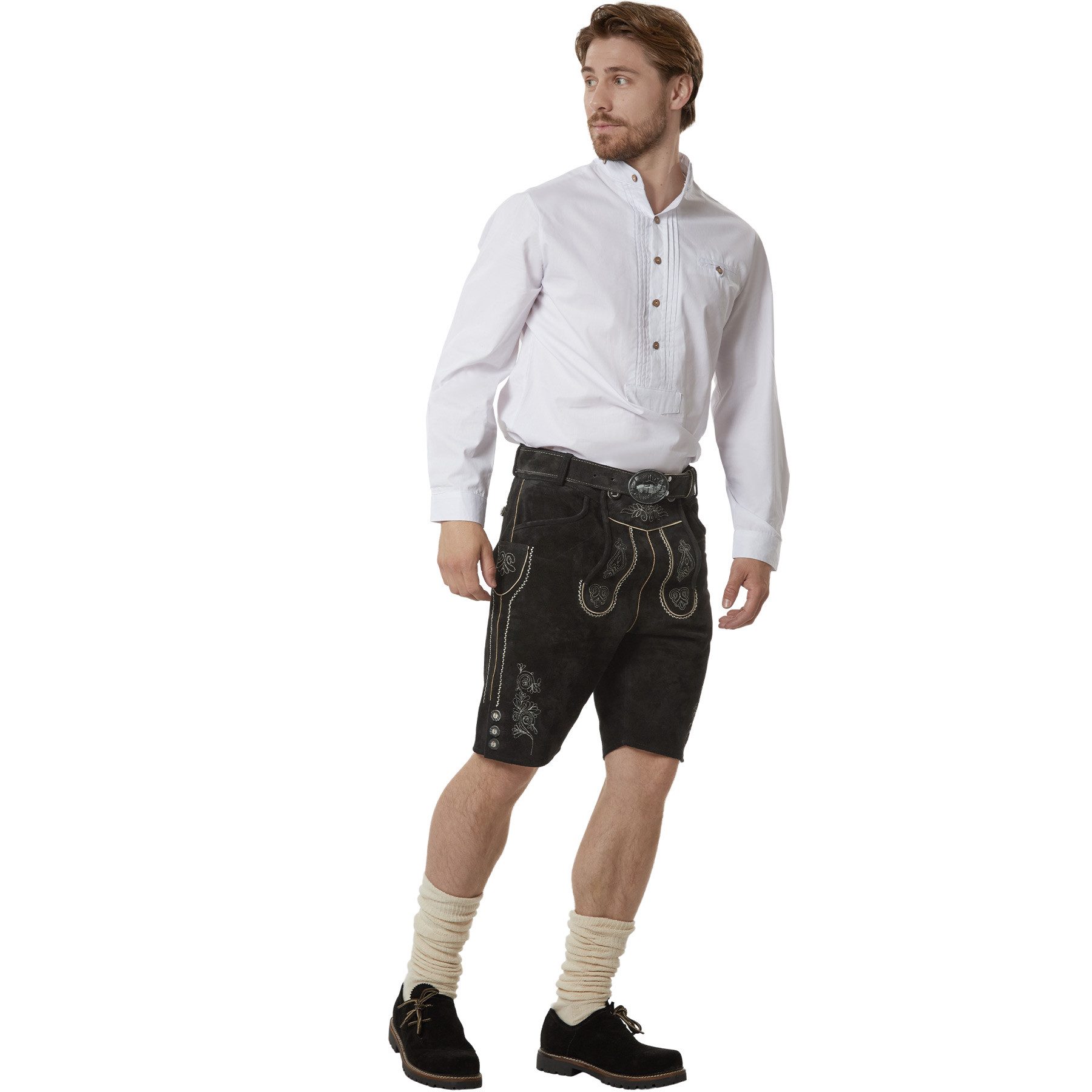 dressforfun Trachtenhose Klassische kurze Lederhose mit aufwendiger Stickerei, langlebig (Herrenhose Jannis, für Volksfeste in Schwarz) authentische Knochenknöpfe, Inkl. Gürtel und Hosenträgern