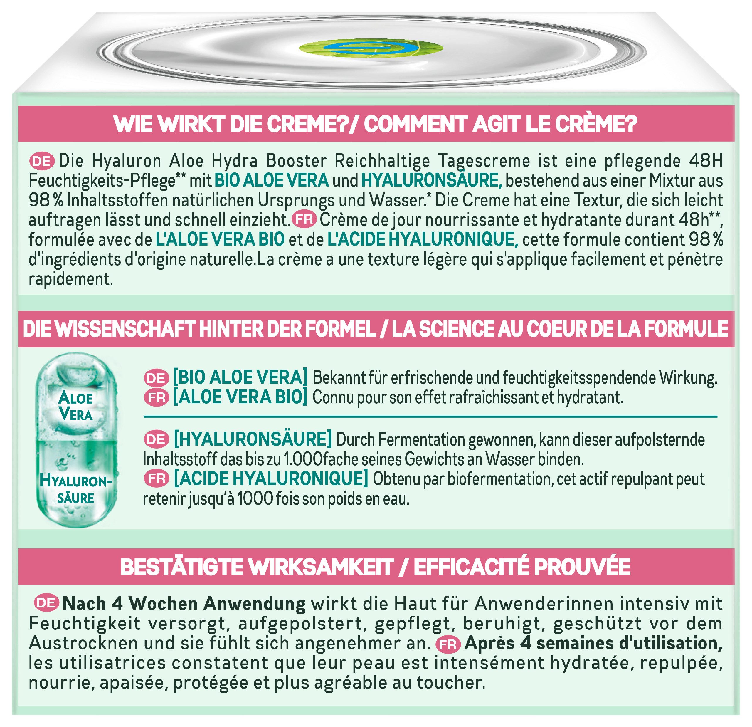 GARNIER Gesichtsgel Garnier Hyaluron Aloe Reichhaltige Tagescreme, feuchtigkeitsspendend, leicht, beruhigt, 48h Wirkung