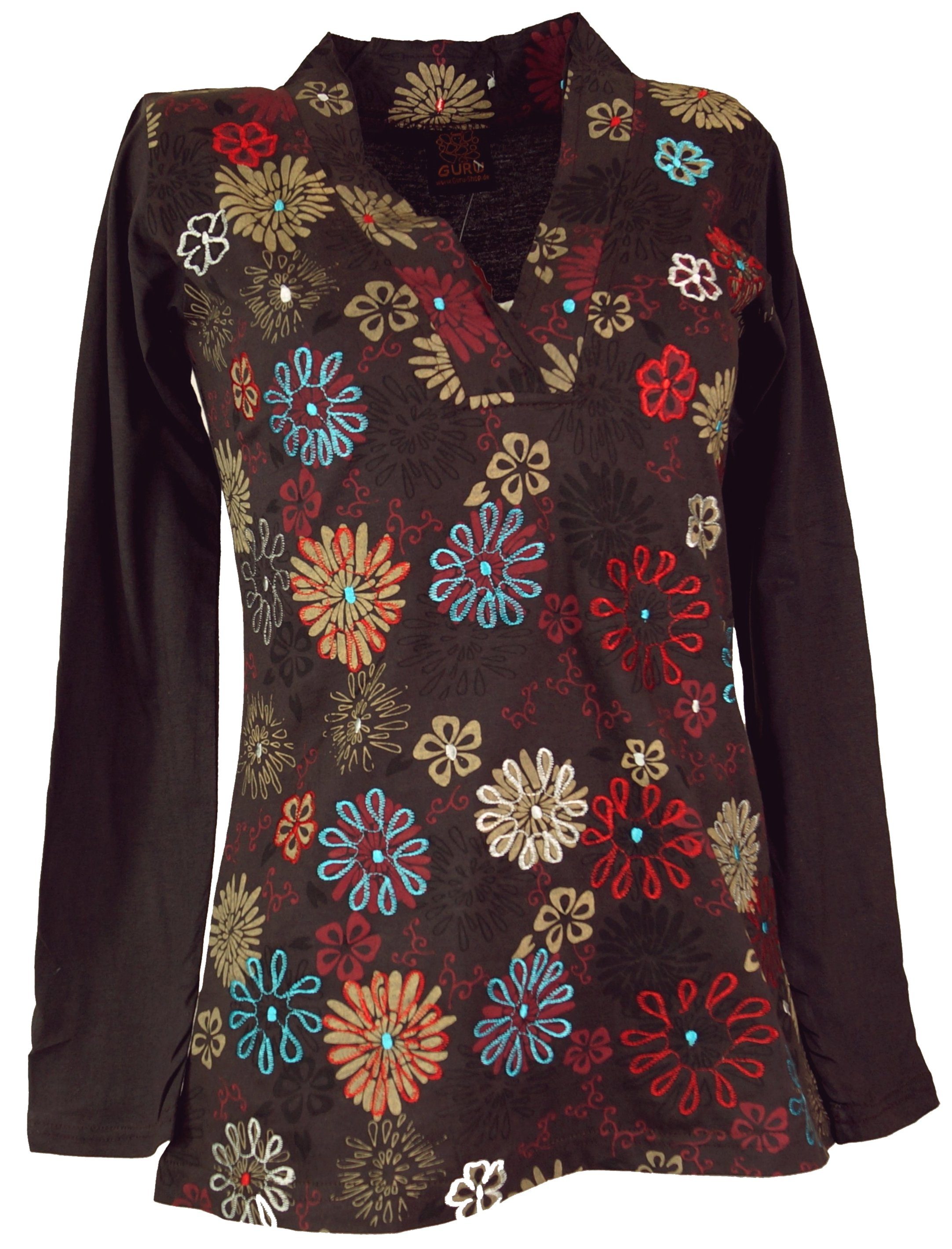 Guru-Shop Longsleeve Besticktes Langarmshirt mit V-Neck Flower Power.. alternative Bekleidung braun/bunt