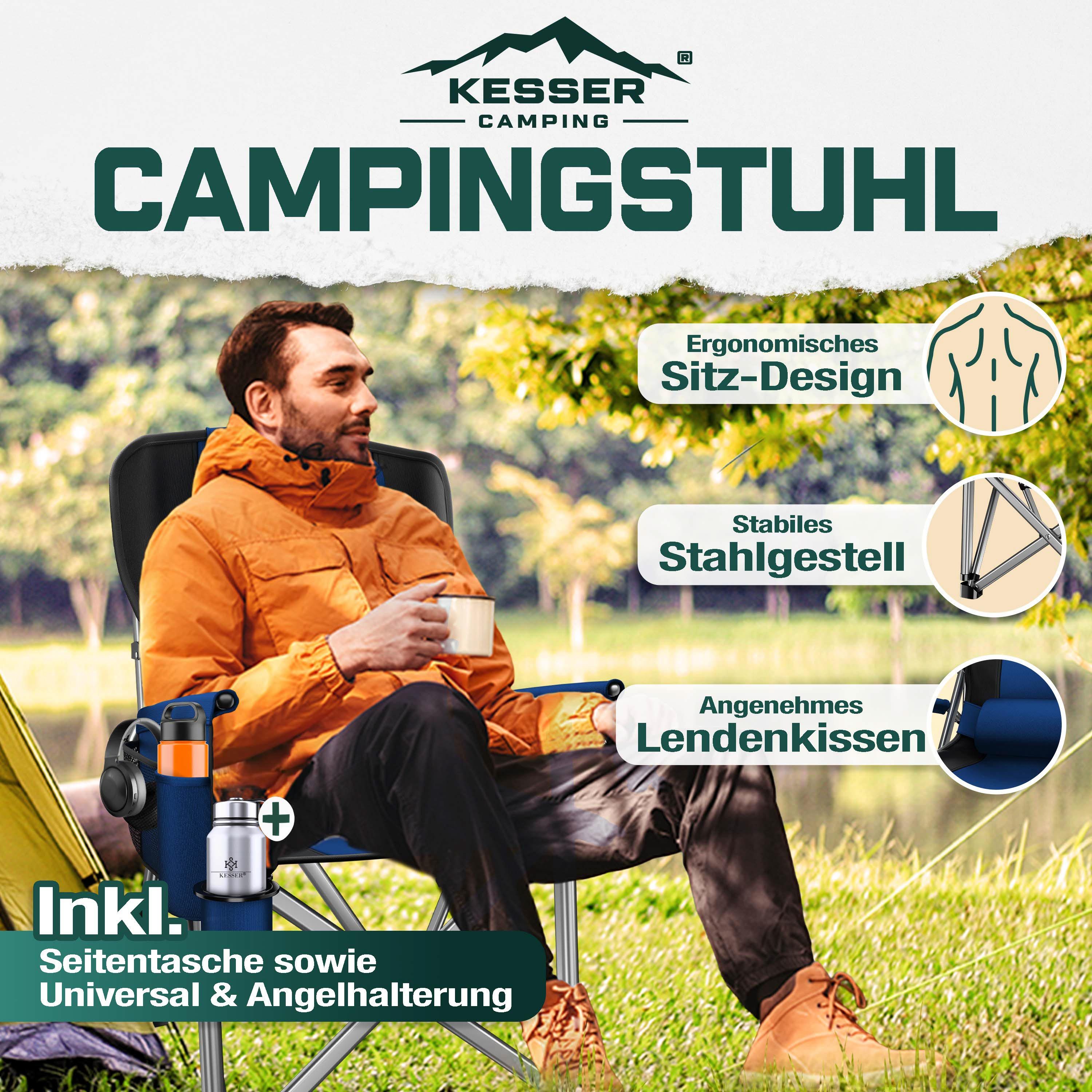 KESSER Campingstuhl (Strandstuhl mit hoher Rückenlehne + Tasche), Campingstuhl Inkl. Campinglicht, Angelhalterung und Getränkehalter – Bild 2 von 5