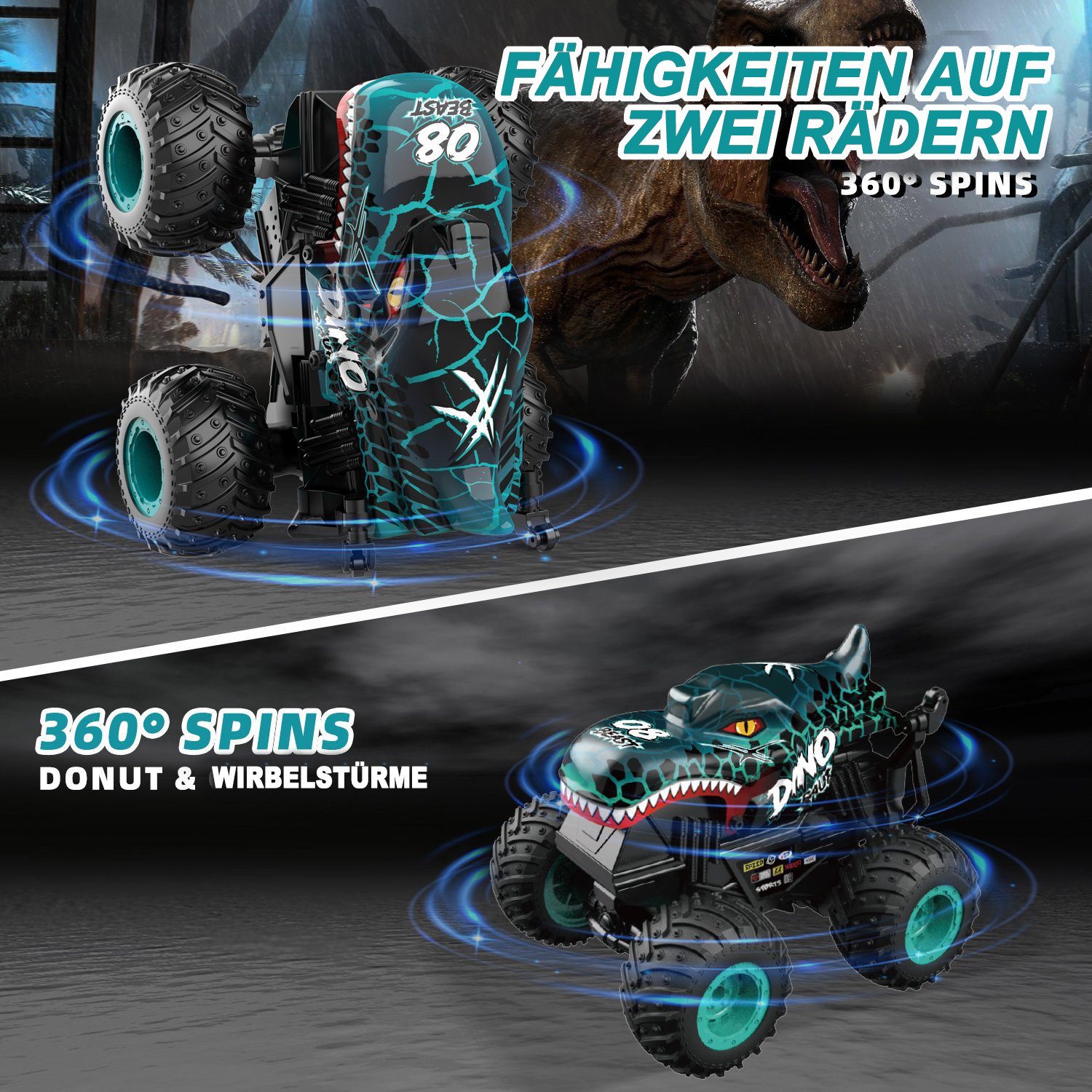 Esun RC-Auto Ferngesteuertes Auto, 2,4GHz20km/h RC Monstertruck mit Aufrecht Gehen (Packung, Komplettset), Ferngesteuerter Monster Truck, 360°Drehung, LED-Licht und Musi