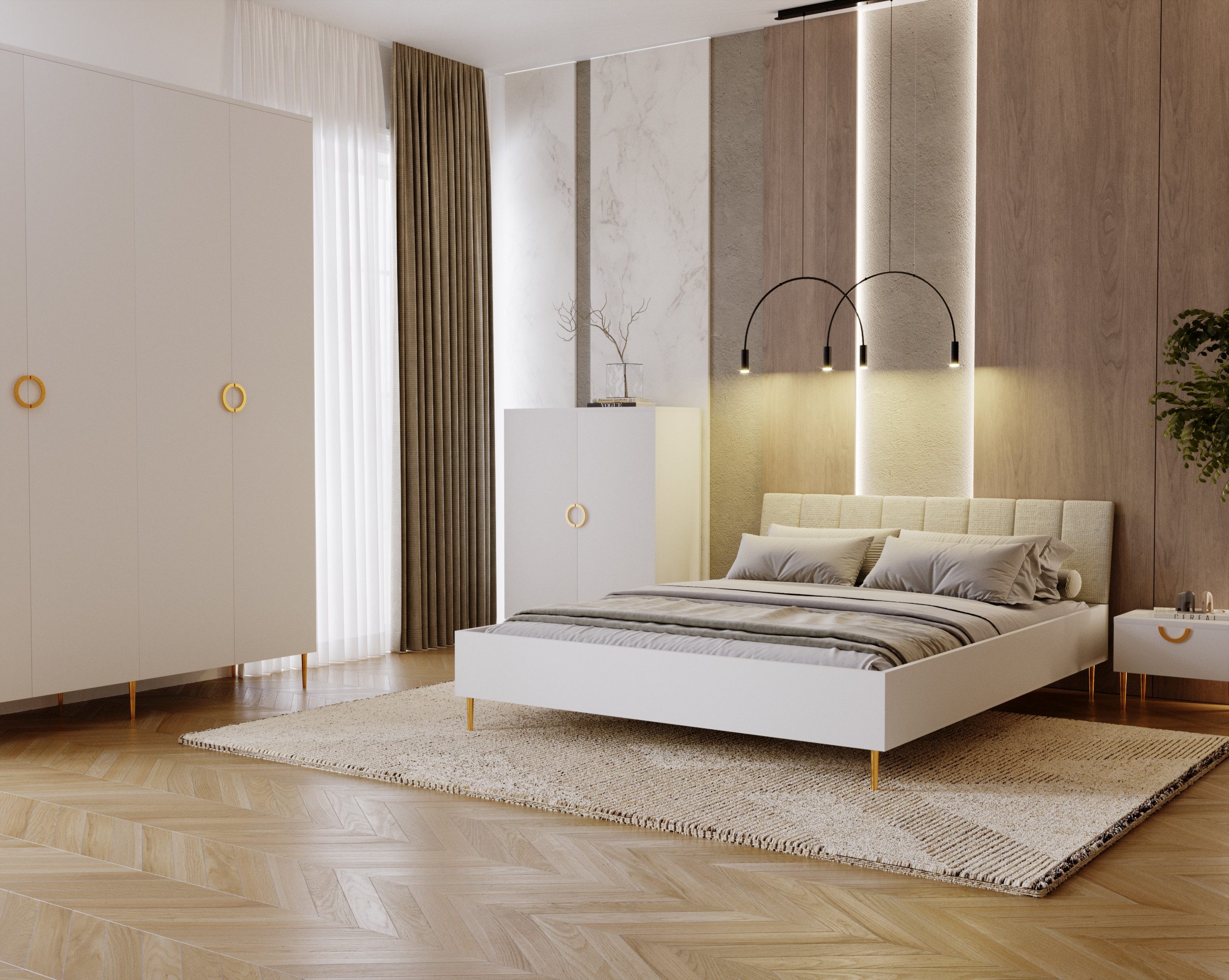 MOEBLO Drehtürenschrank VALERIA B04 (Kaschmir, Glamour Schrank mit 2 Schubladen, Metallgriffe & Füße in Gold, Elegantes Schlafzimmer‑ & Ankleidemöbel, Kleiderschrank Schrank Garderobe Schlafzimmer Drehtürenschrank) (BxHxT): 180x240x52 cm