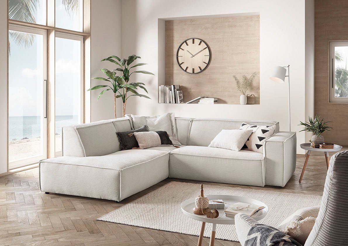3C Candy Ecksofa Matteo in elegant, kubischer Formensprache, bequem, L-Form, mit auffälliger Kedernaht, Cord-Bezug, Lounge-Charakter